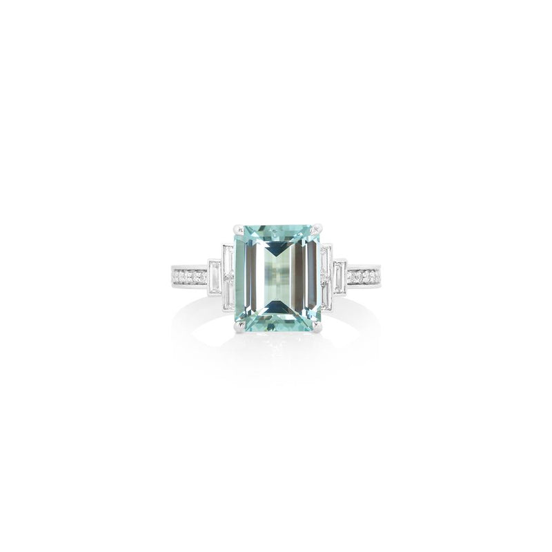 Yael 18k White Gold Aquamarine and Diamond Baguette Accent Ring