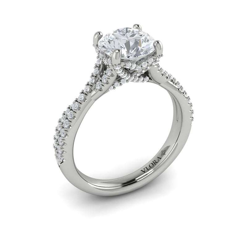 Vlora 14k White Gold Cathedral Design Semi-Mount with Crossover Baguette and Round Brilliant Diamonds