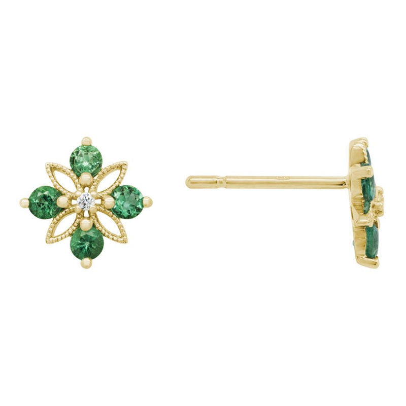 Davis Classics 14k Yellow Gold Emerald and Diamond Floral Stud Earrings