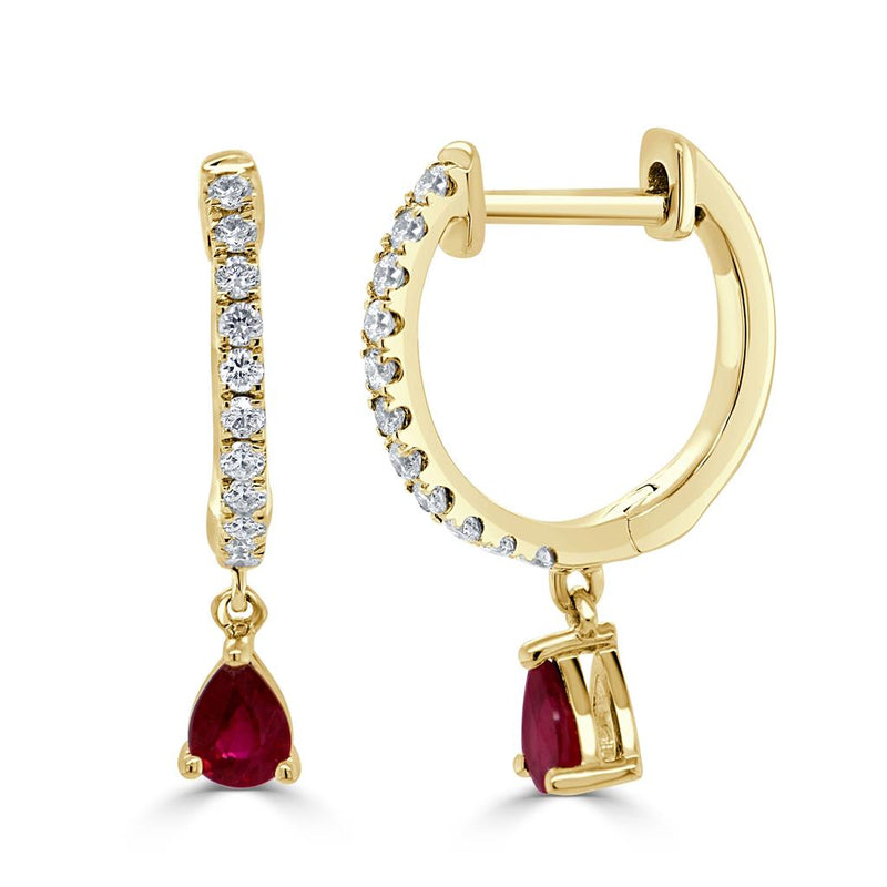 Davis Classics 14k Yellow Gold Ruby and Diamond Hoop Drop Earrings