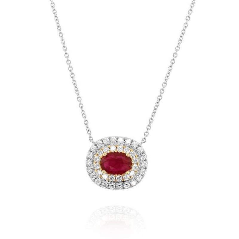 Yael 18k White and Yellow Gold Ruby and Diamond Double Halo Pendant Necklace