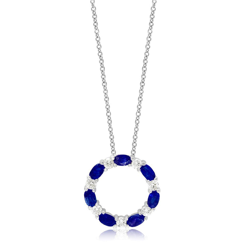Davis Classics 14k White Gold Open Circle Blue Sapphire and Diamond Pendant Necklace