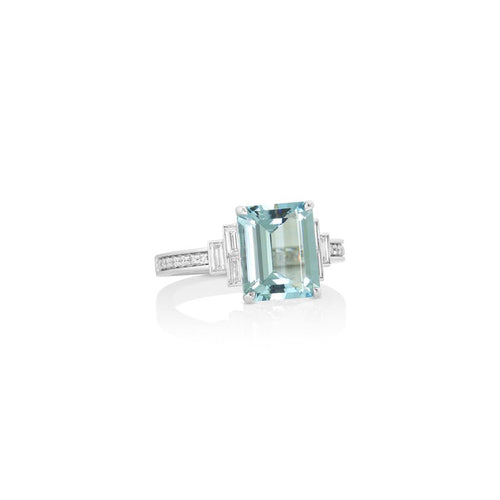 Yael 18k White Gold Aquamarine and Diamond Baguette Accent Ring