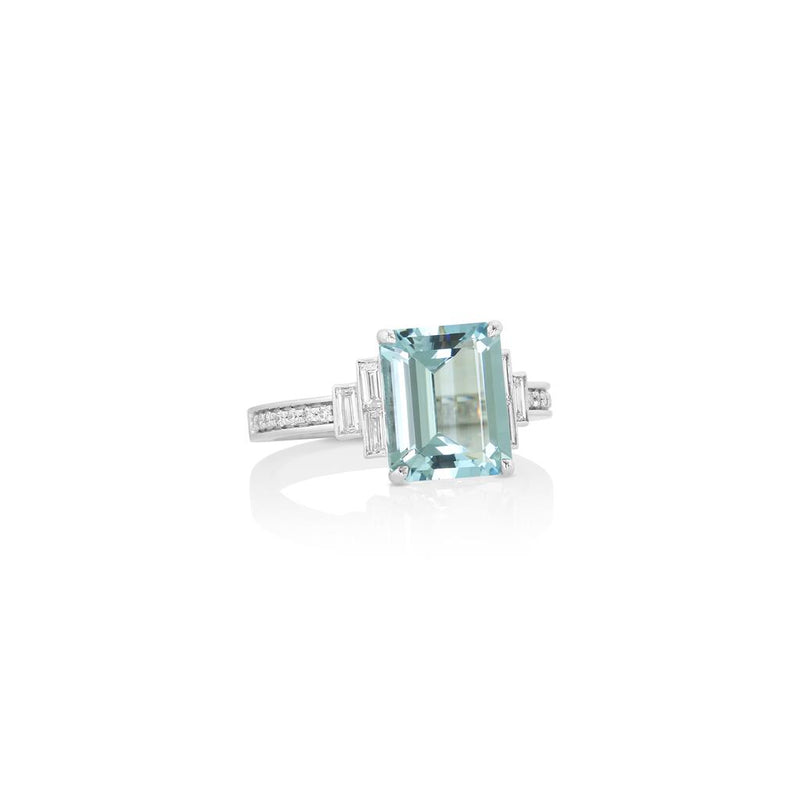 Yael 18k White Gold Aquamarine and Diamond Baguette Accent Ring