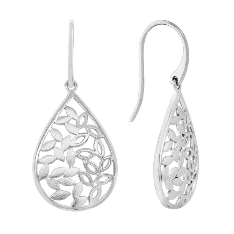 Davis Classics Sterling Silver Rhodium-Plated Leaf Teardrop Dangle Earrings