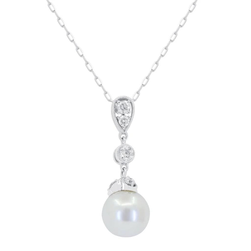 Madison L 14k White Gold Essential Collection Pearl and Diamond Drop Pendant Necklace