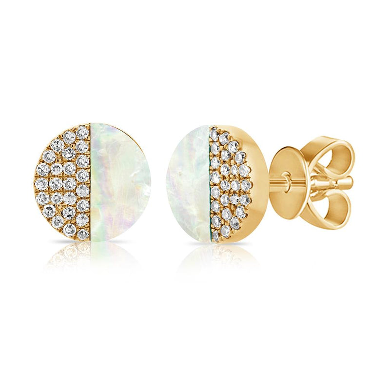 Davis Classics 14k Yellow Gold Mother of Pearl and Diamond Disc Stud Earrings