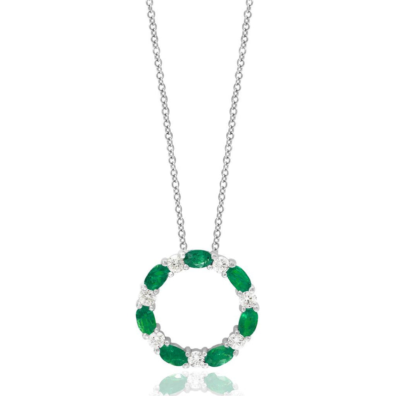 Davis Classics 14k White Gold Open Circle Emerald and Diamond Pendant Necklace