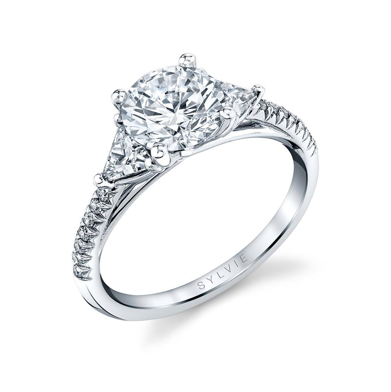 Sylvie 14k White Gold Three Stone Cathedral Diamond Semi Mount
