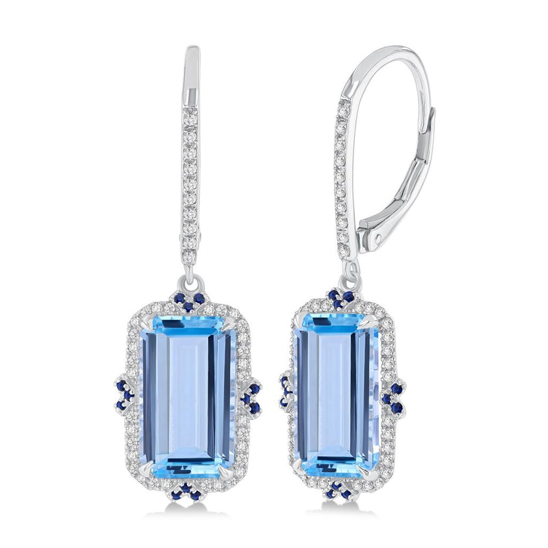 Davis Classics 14k White Gold Halo Design Blue Topaz and Sapphire Drop Earrings