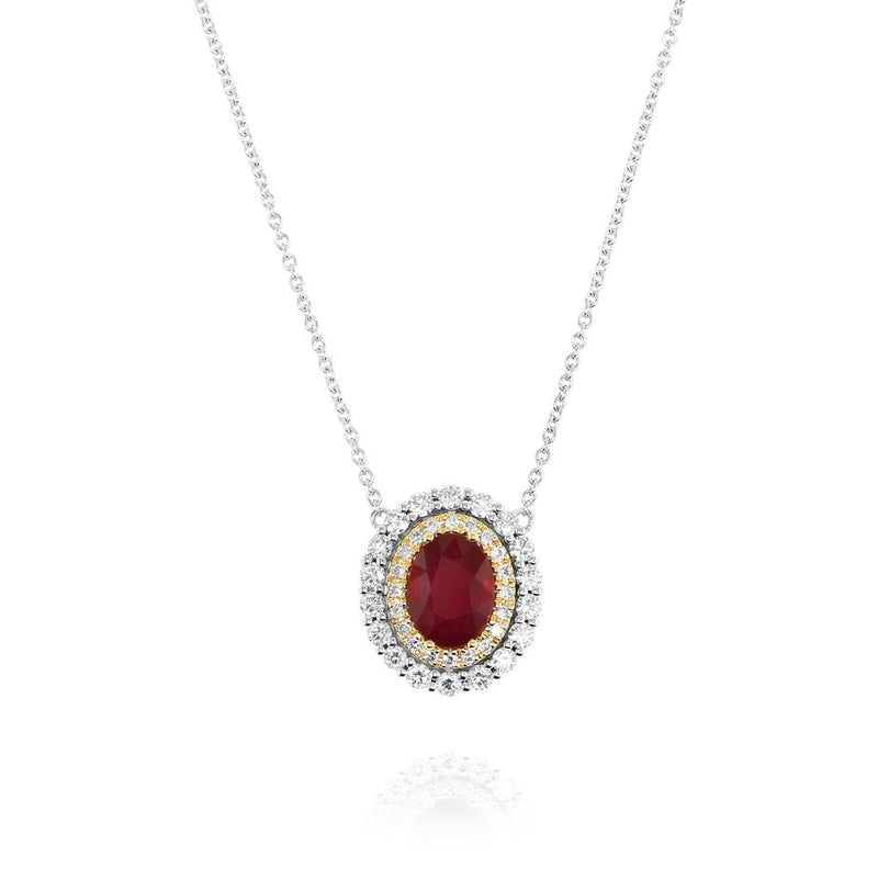 Yael 18k White and Yellow Gold Ruby and Diamond Double Halo Pendant Necklace