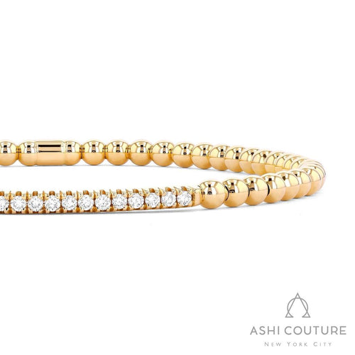 Davis Classics 18k Yellow Gold Couture Diamond Bar Bead Stretch Bangle Bracelet