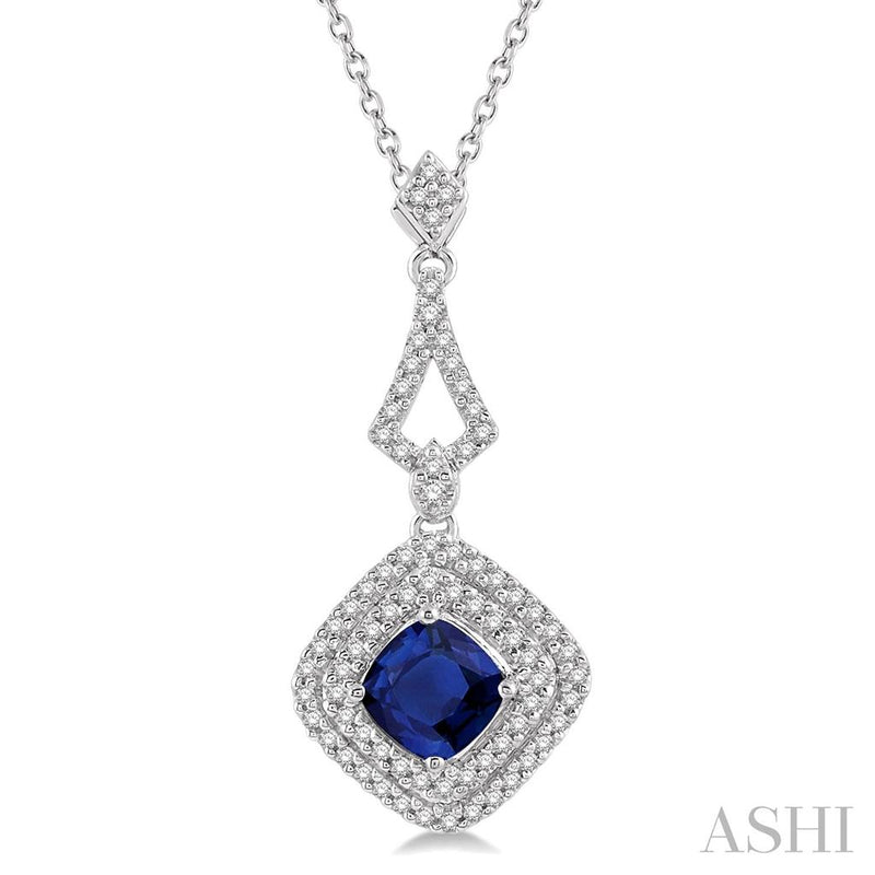 Davis Classics 14k White Gold Vintage Double Halo Sapphire and Diamond Pendant Necklace