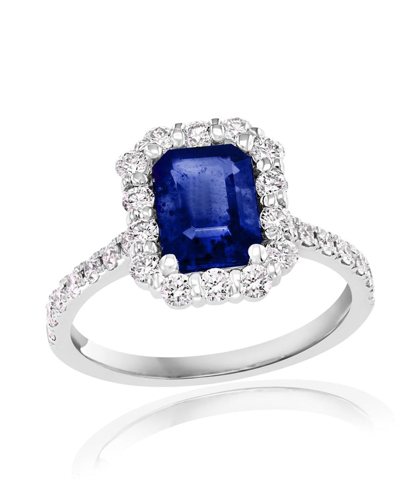 Davis Classics 14k White Gold Blue Sapphire and Diamond Halo Ring