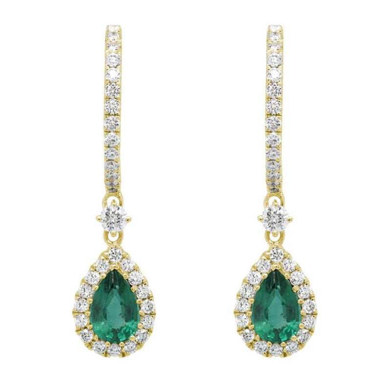 Davis Classics 14k Yellow Gold Emerald and Diamond Halo Huggie Hoop Drop Earrings