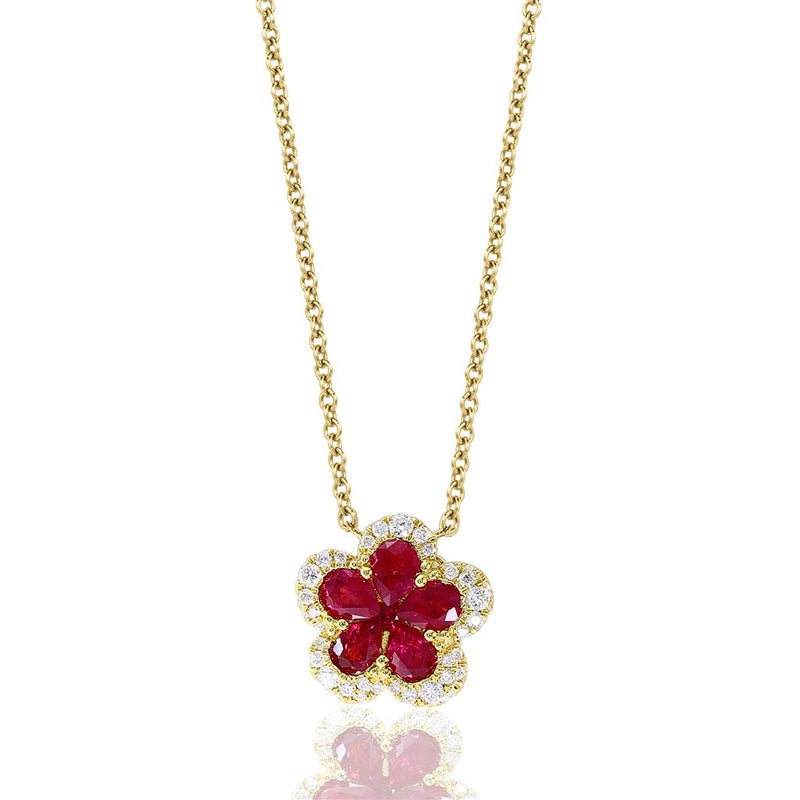 Davis Classics 18k Yellow Gold Ruby and Diamond Floral Halo Pendant Necklace