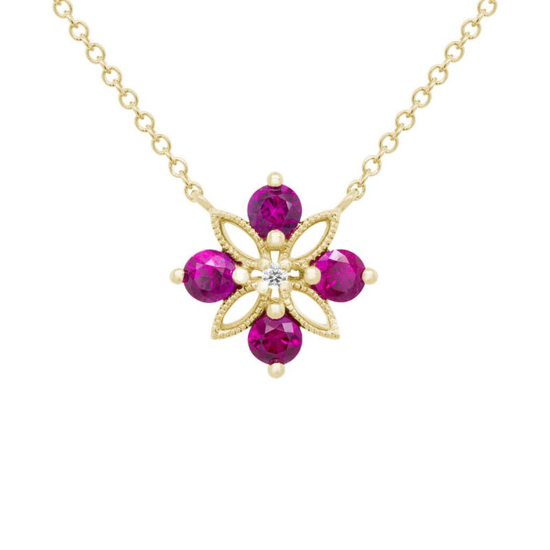 Davis Classics 14k Yellow Gold Ruby and Diamond Floral Pendant Necklace