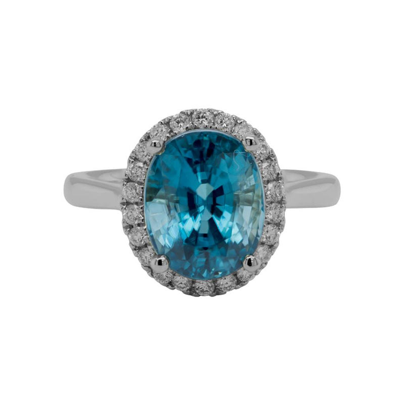 Davis Classics 14k White Gold Cambodian Blue Zircon and Diamond Halo Ring