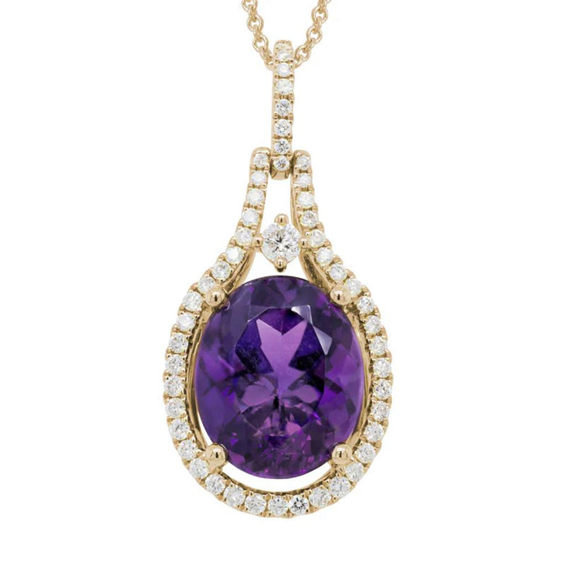 Davis Classics 14k Yellow Gold Amethyst and Diamond Halo Pendant Necklace