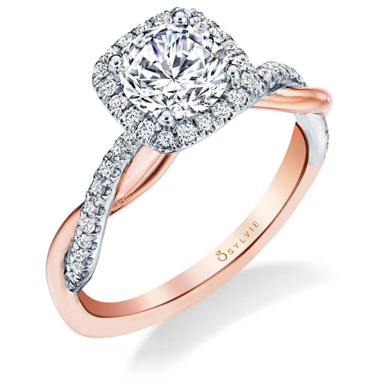Sylvie 14k Rose and White Gold Cushion Halo Design Engagement Ring Setting