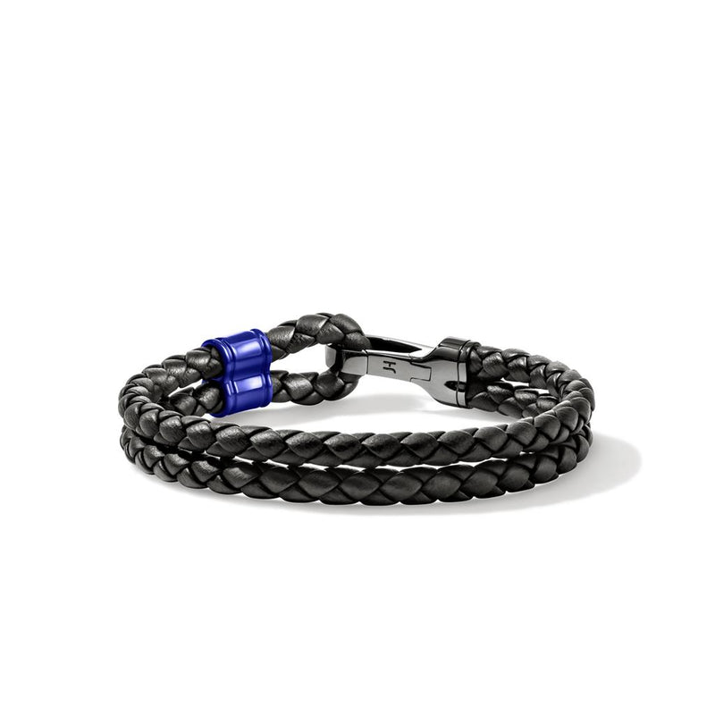 John Hardy Sterling Silver Black Leather and Blue Enamel Bracelet