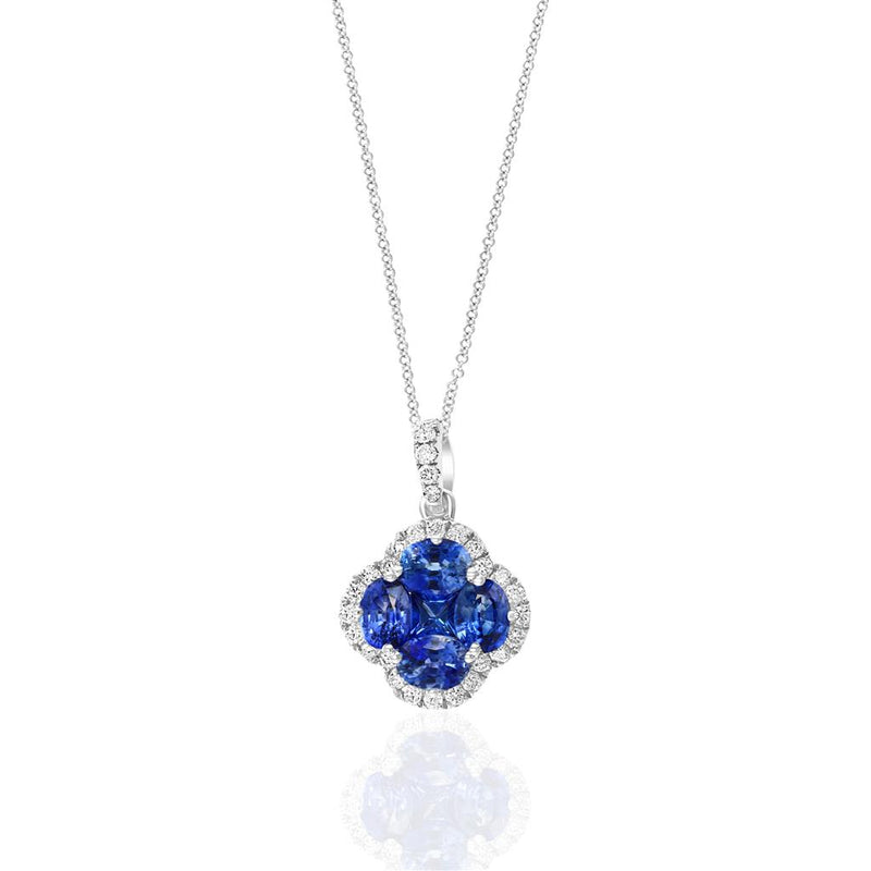 Davis Classics 18k White Gold Blue Sapphire and Diamond Floral Halo Pendant Necklace