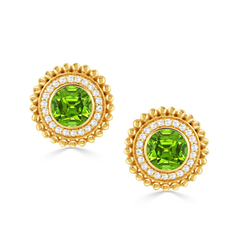 Doves 18k Yellow Gold Peridot and Diamond Double Halo Stud Earrings