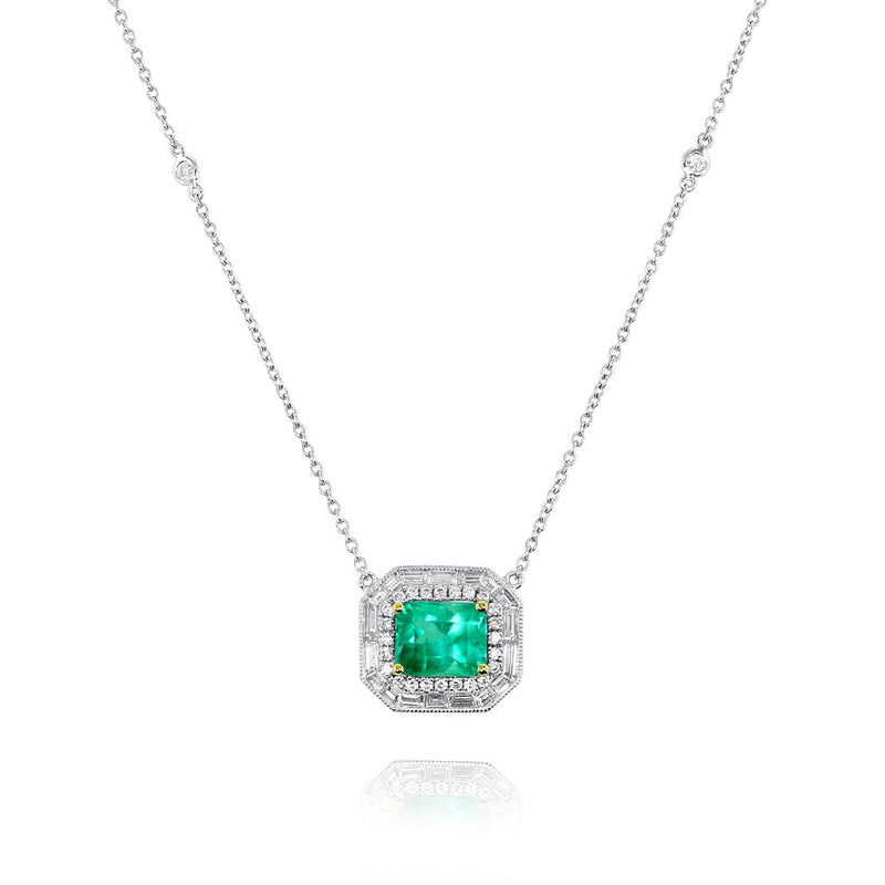 Yael 18k White and Yellow Gold Emerald and Diamond Double Halo Pendant Necklace