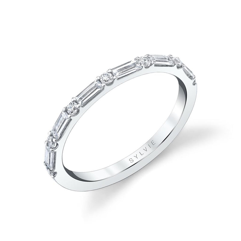 Sylvie 14k White Gold Stackable Round and Baguette Diamond Wedding Band