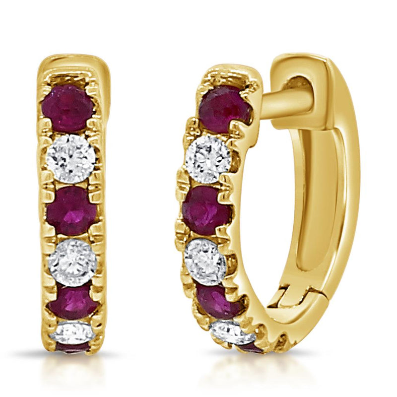 Davis Classics 14k Yellow Gold Ruby and Diamond Huggie Hoop Earrings