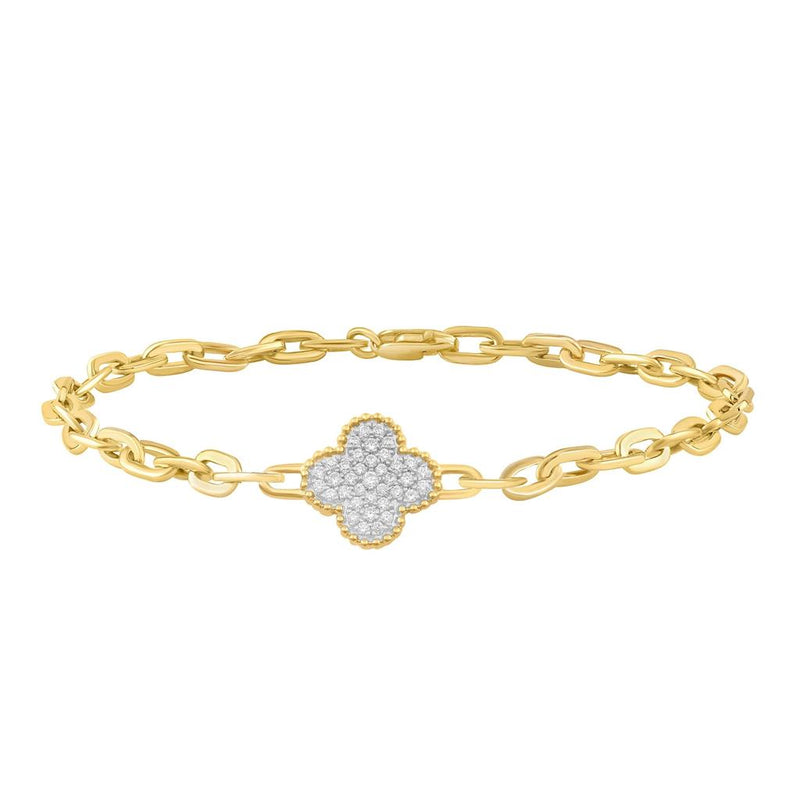 Davis Classics 14k Yellow Gold Diamond Clover Station Paperclip Bracelet