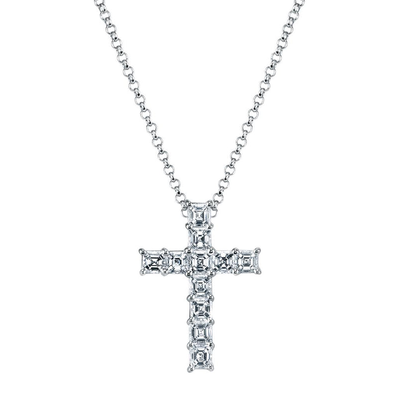 Davis Classics 14k White Gold Asscher Cut Diamond Cross Pendant Necklace