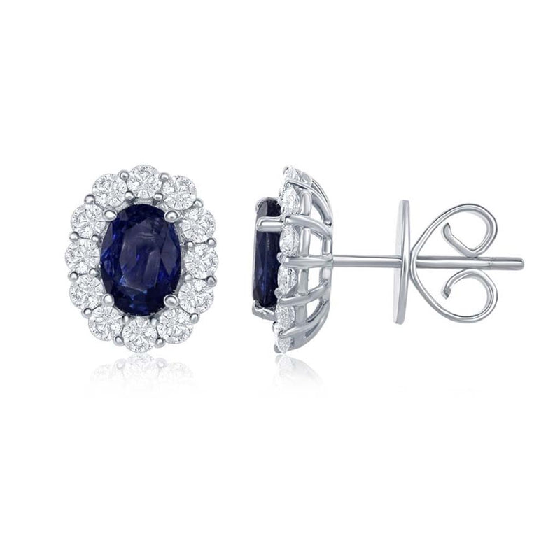 Davis Classics 18k White Gold Blue Sapphire and Diamond Halo Stud Earrings