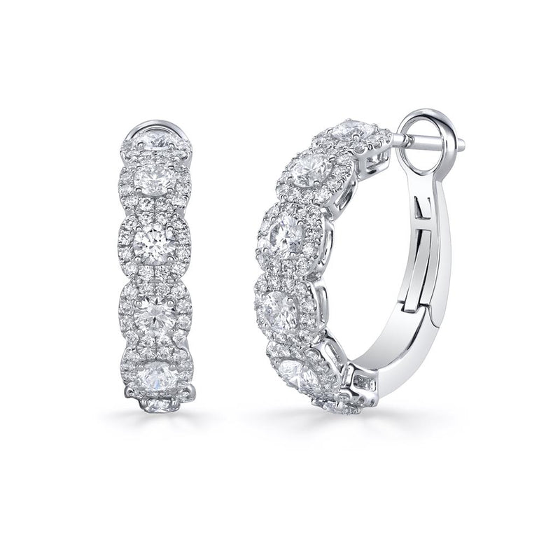 Davis Classics 18k White Gold Halo Diamond Huggie Hoop Earrings