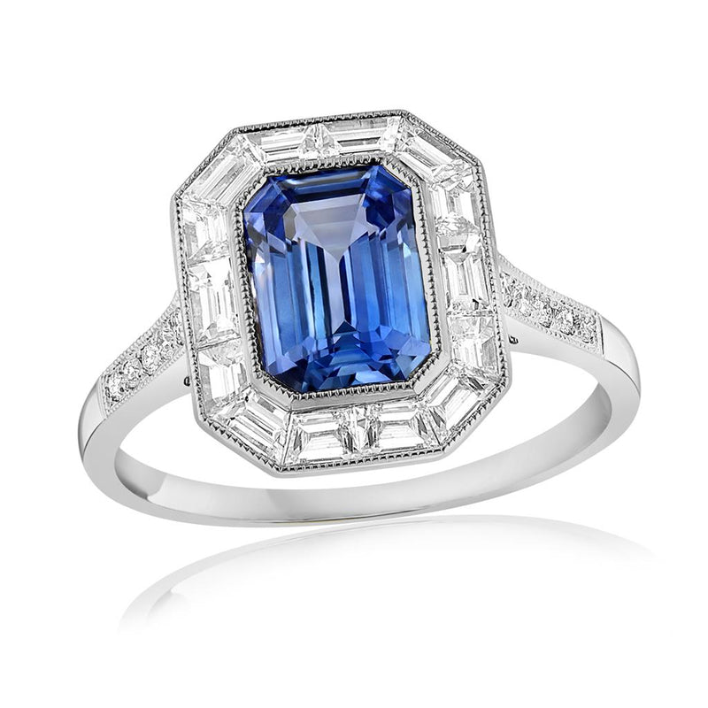 Davis Classics Platinum Vintage Halo Blue Sapphire and Diamond Ring
