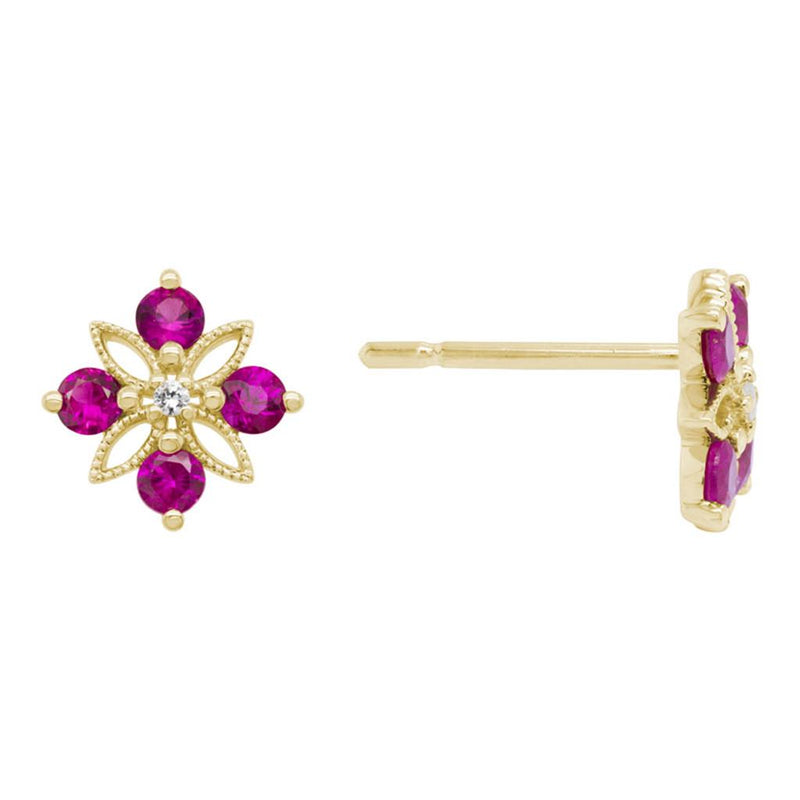 Davis Classics 14k Yellow Gold Ruby and Diamond Floral Stud Earrings