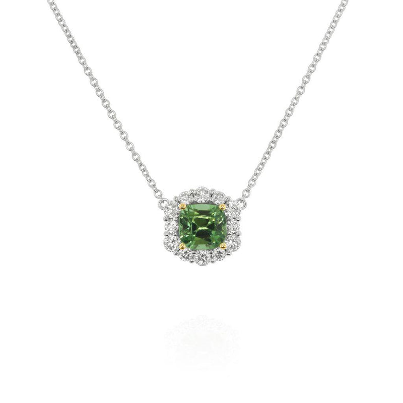 Yael 18k White and Yellow Gold Afghan Green Tourmaline and Diamond Halo Pendant Necklace