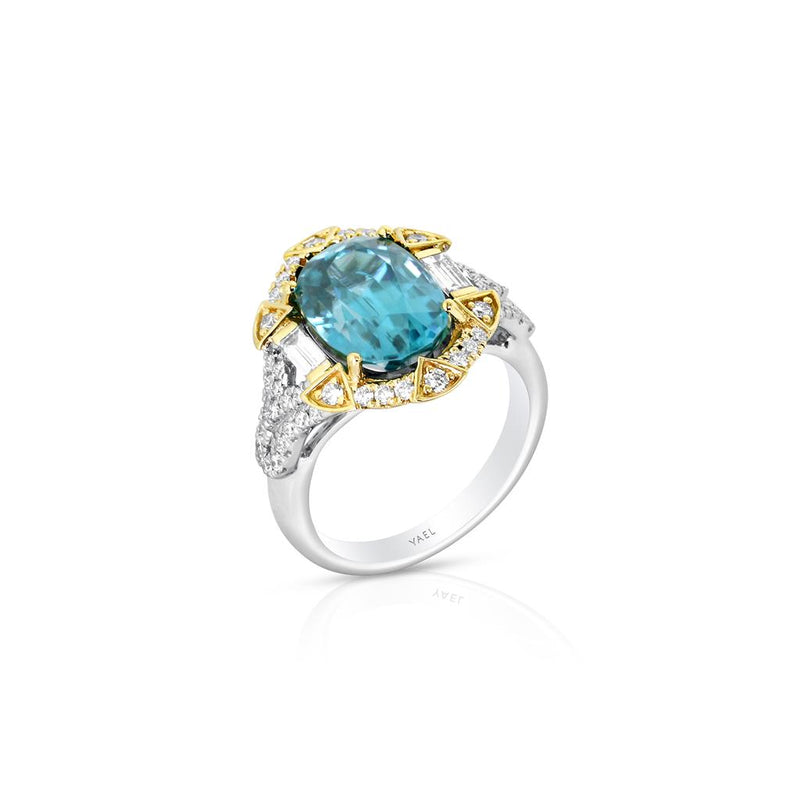 Yael 18k White and Yellow Gold Cambolite and Diamond Art Deco Halo Ring