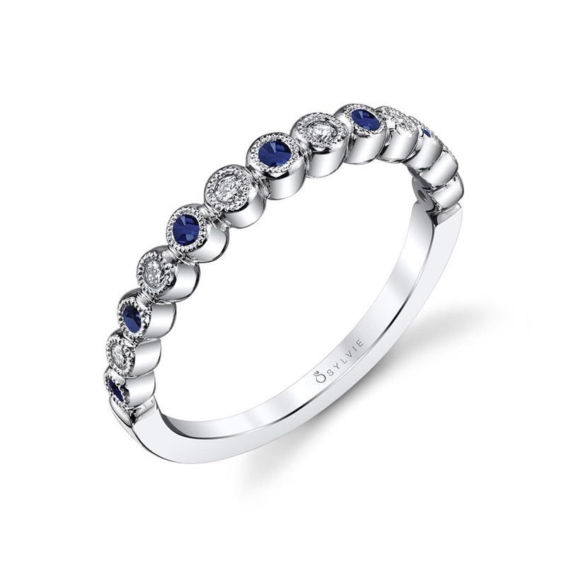 Sylvie 14k White Gold Vintage-Inspired Stackable Sapphire and Diamond Band with Milgrain Detail